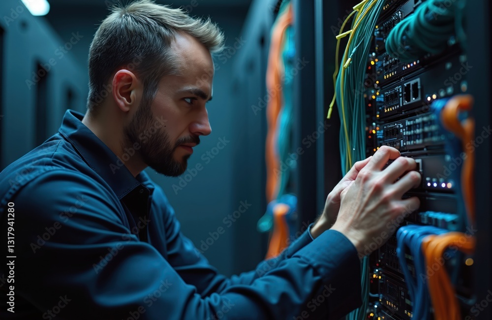 Poster it engineer repairs server in data center. tech, internet concept. man fixing server problem, connec