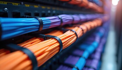 Network server cables organized. Blue, orange, purple ethernet wires connected to rack servers. Structured cabling in data center. Internet cable management system. Fiber optic connection concept,