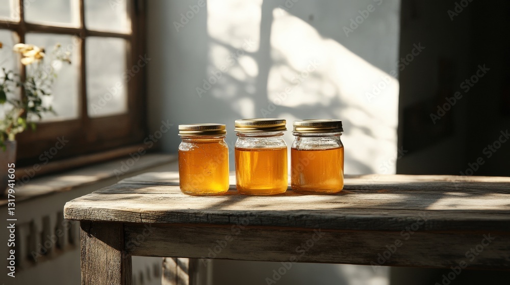 Poster three jars of honey on a rustic wooden table with sunlight streaming through a window