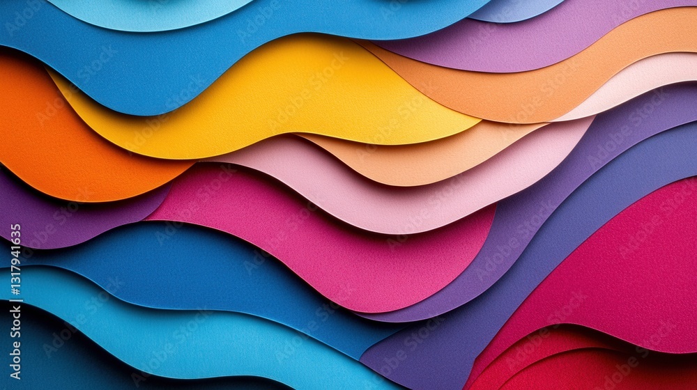 Poster vibrant, wavy paper layers in various colors creating a dynamic abstract background design
