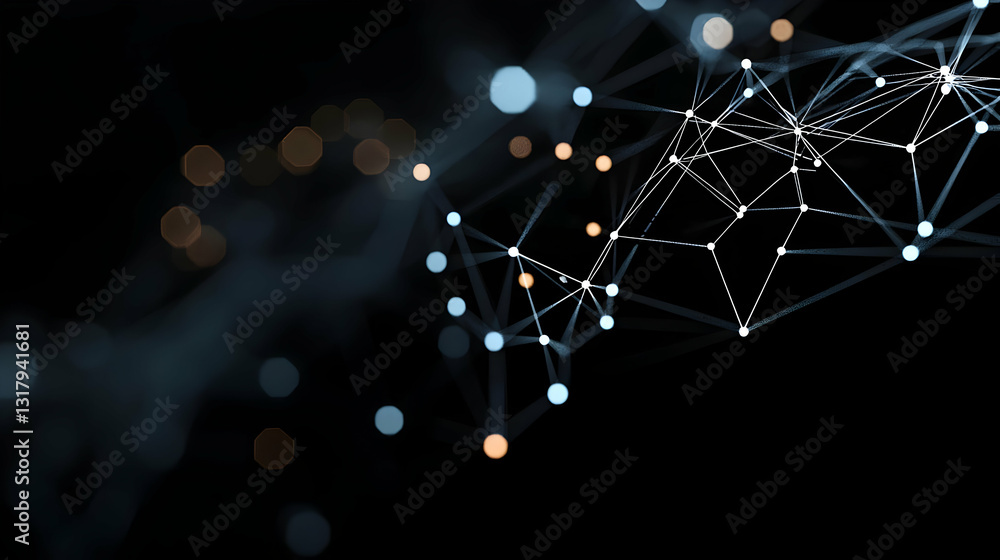Poster abstract digital network with blue and orange lights on black background representing data connectio