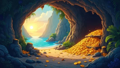 Acrylic prints Pirate treasure cave on tropical island. Cartoon illustration of mountain grotto full of gold coins. Diamond gemstones, jewelry in treasure chest. Seascape view from cave entrance, adventure game