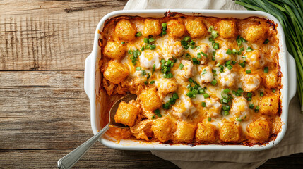 Buffalo chicken tater tot casserole baked to golden perfection with creamy sauce and topped with green onions in a rustic kitchen setting