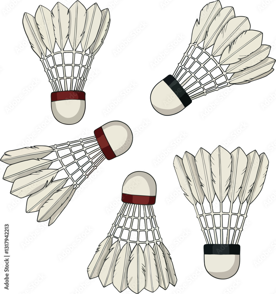 Poster five shuttlecocks in various orientations showcasing detailed design style with feathers and cork ba