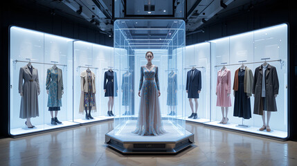 Virtual fashion boutique, interactive holographic wardrobe previews, sleek retail innovation