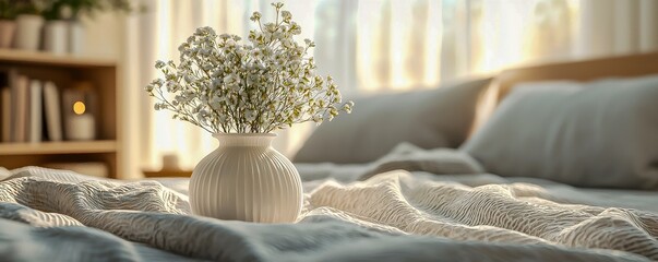 Cozy apartment bedroom ambiance with eucalyptus bouquet and gypsophila in a bright candlelit bedchamber surrounded by beautiful aromas that fill the background like burning candles.