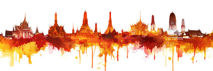 Vibrant Watercolor Skyline of Thailand’s Iconic Temples