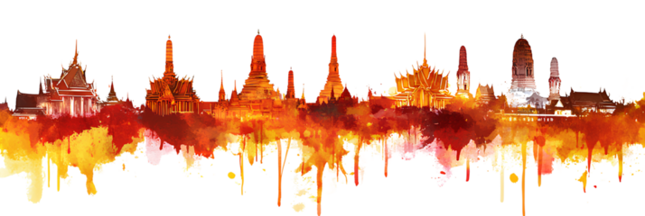 Vibrant Watercolor Skyline of Thailand’s Iconic Temples