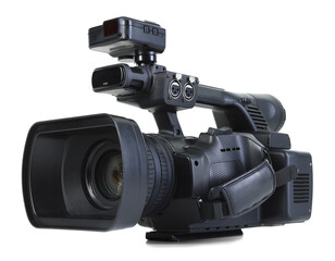 Modern professional video camera isolated on white