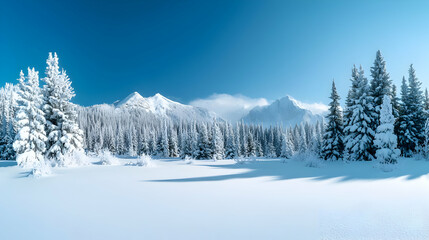 Naklejka premium Snow Covered Mountain Range and Evergreen Forest Under a Clear Blue Sky with Abundant Snow