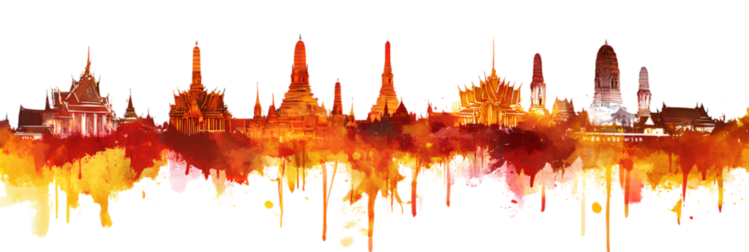 Vibrant Watercolor Skyline of Thailand’s Iconic Temples