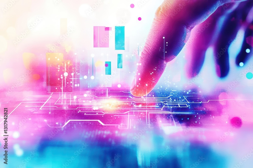 Poster a close-up of a hand interacting with a glowing digital interface, representing modern technology an