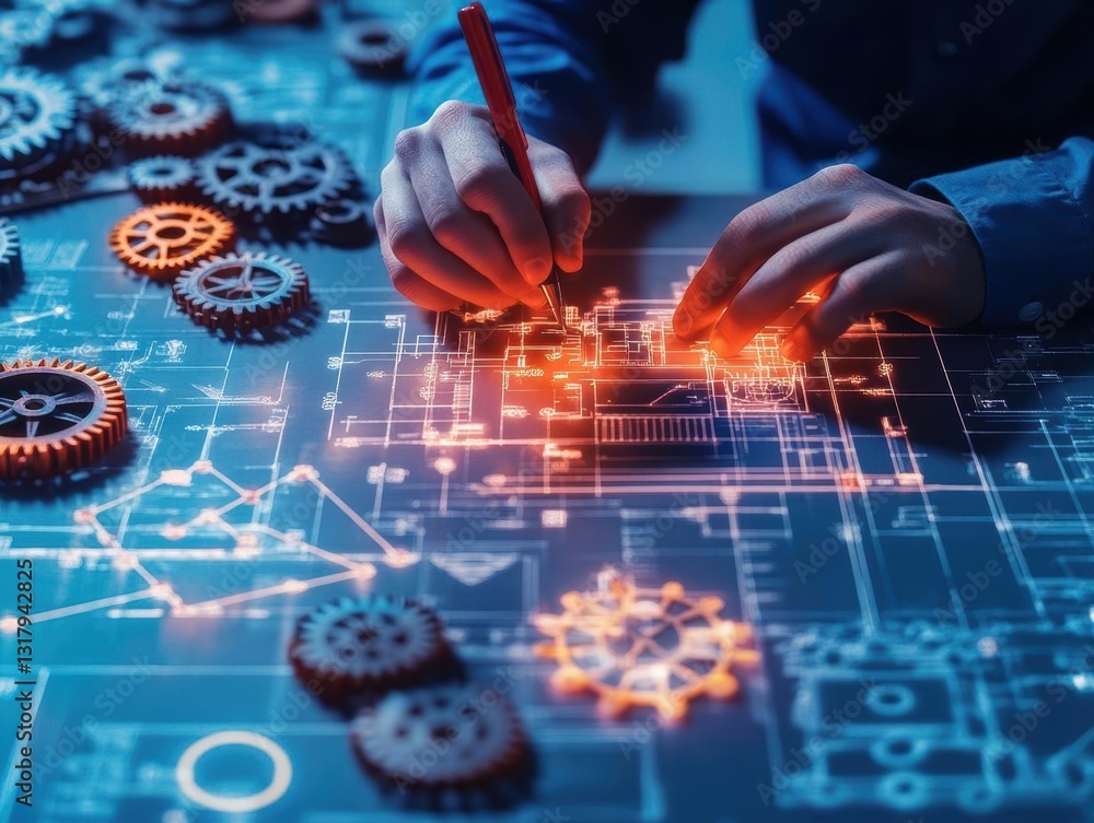 Poster a close-up of hands sketching a design with gears, highlighting engineering and technology concepts 