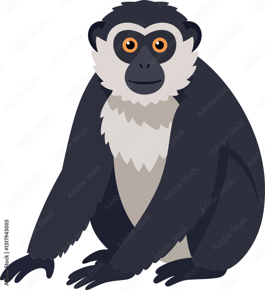 Poster a playful black and white monkey sitting with a curious expression in a flat vector art style, showc