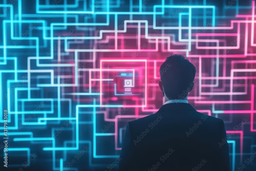 Poster a contemplative figure gazes at a vibrant digital interface, immersed in a maze of glowing lines and
