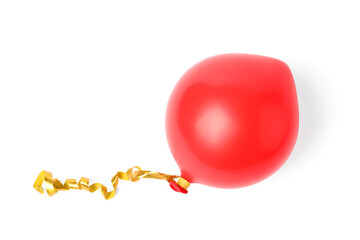 One red half deflated balloon isolated on white, top view