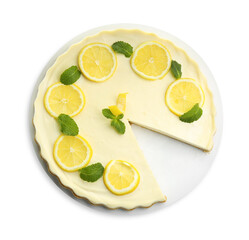 Tasty lemon cheesecake with mint isolated on white, top view