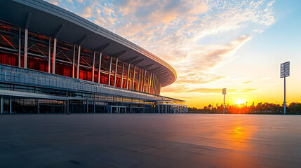 Grand Stadium At Sunset With Vibrant Orange And Red Sky Reflecting On Concrete Ground