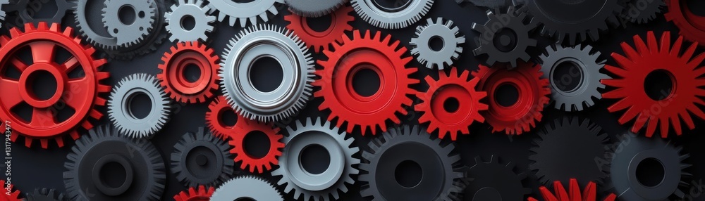 Poster a detailed arrangement of red and gray gears, showcasing mechanical design and engineering elements 