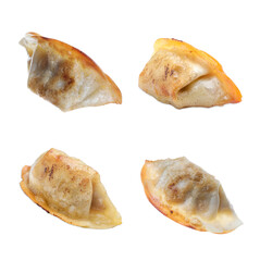 Tasty roasted gyoza (dumplings) on white background, set