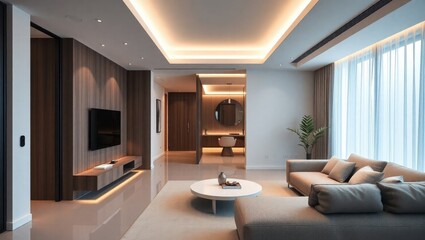 Elegant and Modern Living Room Interior Design with Natural Light and Wooden Accents