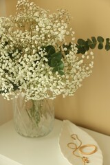 Bouquet of beautiful gypsophila flowers and eucalyptus branches in vase on chest of drawers near beige wall