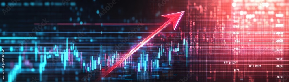Poster a dynamic graphical representation of an upward trend, showcasing data analysis and technological gr