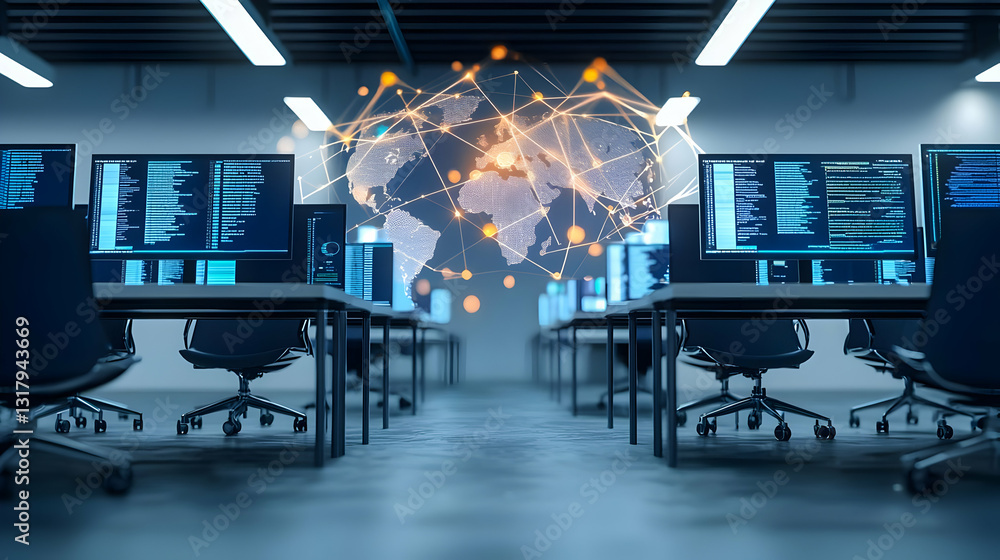 Poster modern data center with global network connectivity and futuristic technology in server room