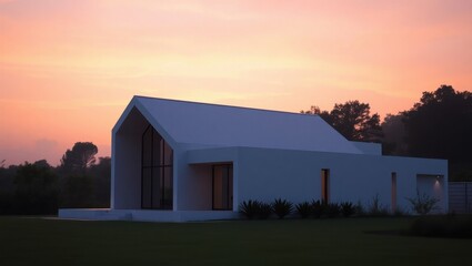 Serene Modern House at Dusk, Minimalist Architecture in a Golden Light