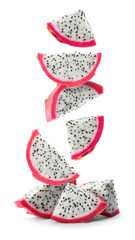 Pieces of tasty pitaya fruit falling on white background