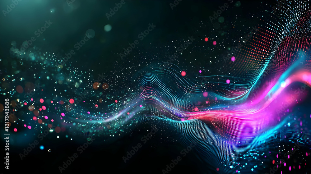 Aufkleber vivid abstract digital art depicting a dynamic wave of colorful particles flowing in a dark space