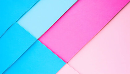 Abstract background of vibrant pink, light pink, and blue paper sheets arranged in geometric diagonal pattern. Ideal for presentations, websites, or design projects.
