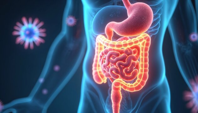 Human Intestine Anatomy with Viruses, conceptual digital artwork. Bowel medical illustration represents human digestive system, colon health research, microbiome balance, virus infections, digestive