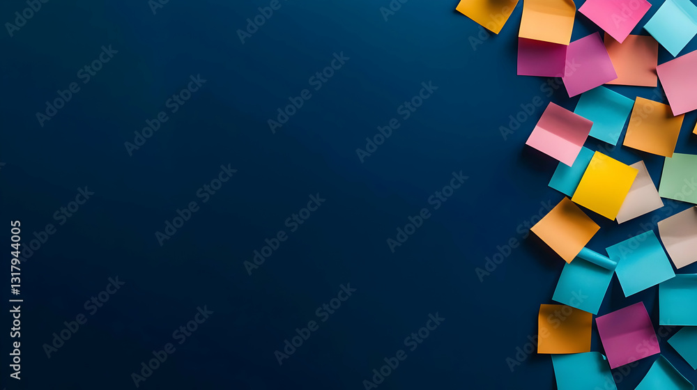 Poster colorful sticky notes scattered on a deep blue background with empty space for text or design provid