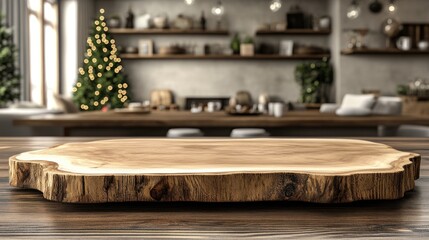 Rustic wooden cutting board in a Christmas-themed kitchen