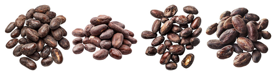 Obraz premium Various Arrangements of Raw Cocoa Beans on a Black Background, PNG bundle collection, Isolated on Transparent Background