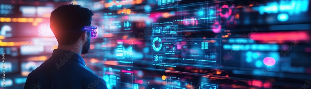 Aufkleber a man observes digital interfaces with bright graphics and data visualizations, showcasing modern te