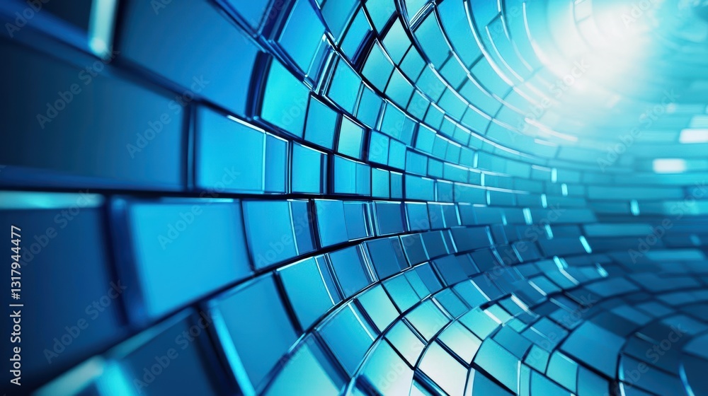 Poster a mesmerizing abstract tunnel of blue metallic tiles glimmers with light, creating a sense of depth 