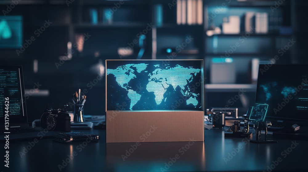 Aufkleber a modern workspace featuring a digital map displayed on screen, symbolizing global connectivity and 