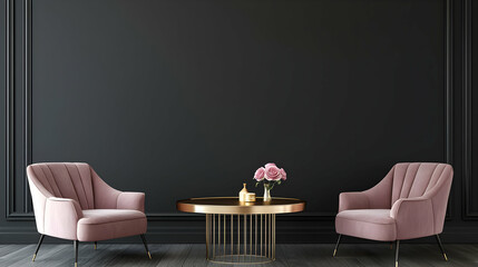 Elegant Pink Armchairs And Golden Table Against Dark Wall With Floral Arrangement In Luxury Interior