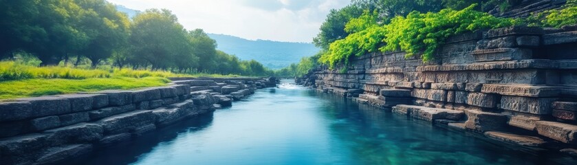 Fototapeta premium A serene river flows through lush greenery, surrounded by scenic hills and clear blue skies, showcasing nature's beauty at its finest.