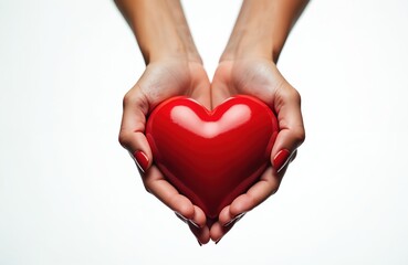 Close-up of woman hands holding shiny red heart. Charity, donation concept. Symbol of love, healthcare, medicine, support, care. Valentine day gift, organ donor, help people. Recovery after surgery.