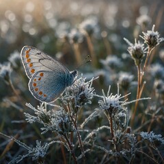 A delicate butterfly in a winter meadow with patches of frost on the grass.