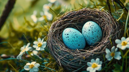 Obraz premium Colorful Easter eggs nestled in a vibrant spring meadow amidst lush green grass and blooming flowers, surrounded by nature's beauty in a serene Easter landscape.