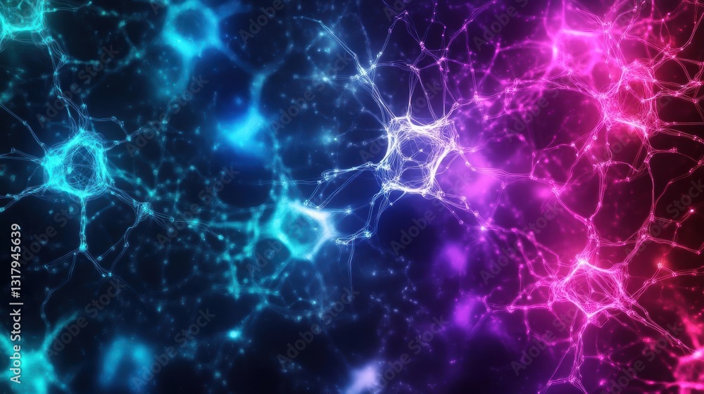 Poster a vibrant abstract representation of interconnected neural networks, showcasing glowing nodes and co