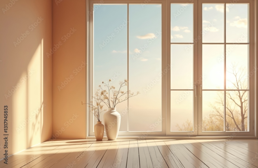 Aufkleber sunlight streams through window into empty room with wooden floor. two vases with dried flowers stan