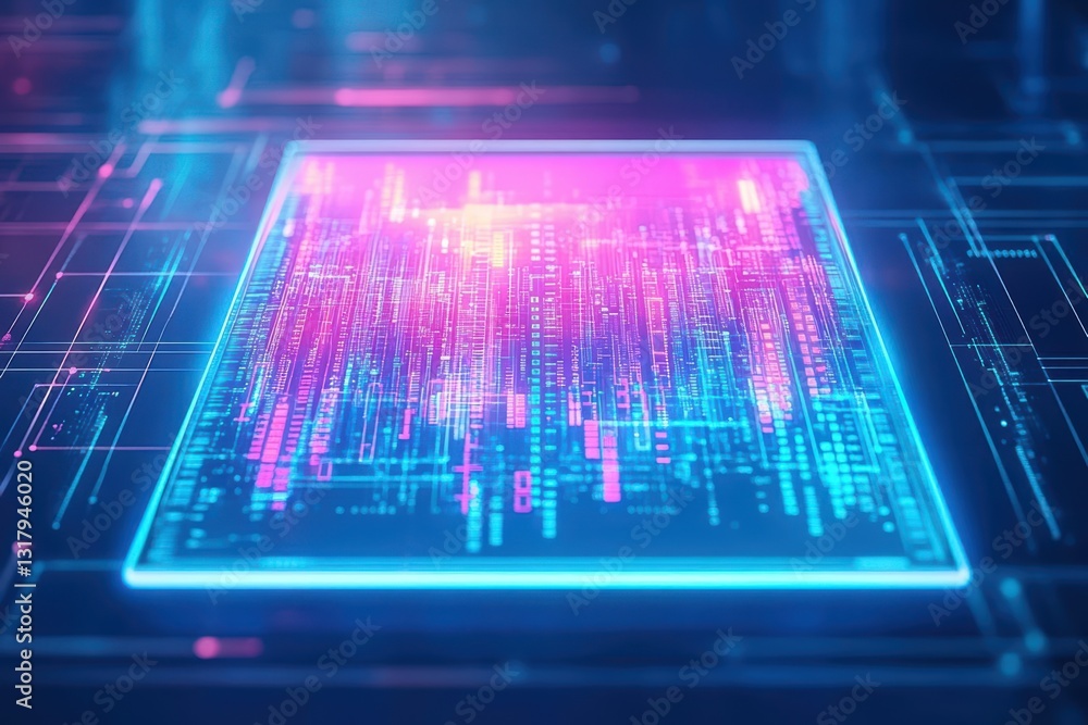Poster a vibrant digital interface displaying abstract data patterns, blending pink and blue colors for a f