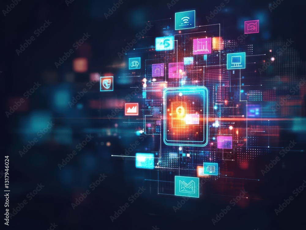 Poster a vibrant digital interface showcasing interconnected icons representing technology and data, ideal 