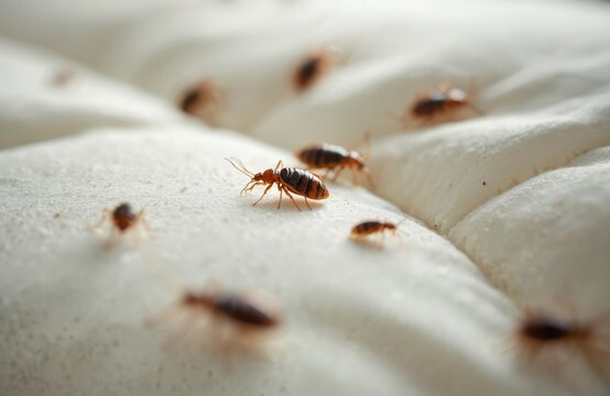 Close-up of bed bugs crawling on mattress. Preventing insect infestations by maintaining cleanliness at bedchamber. Measures to control creepy crawlies, domestic parasites, unwanted pests, health