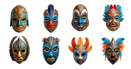 Colorful Masks from Various Cultures Celebrating Heritage and Art, PNG bundle collection, Isolated on Transparent Background